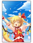  animal_ears arms_up blonde_hair blush closed_eyes collar dog_ears dog_tail fang flandre_scarlet kemonomimi_mode navel short_hair side_ponytail solo tail touhou wings yamasan 