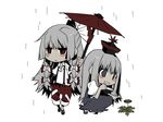  :/ bad_id bad_pixiv_id blue_eyes book bored bow chibi flower fujiwara_no_mokou hair_bow hat kamishirasawa_keine keruberosu-a long_hair multiple_girls oriental_umbrella plant rain red_eyes silver_hair touhou umbrella 