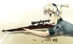  blonde_hair bolt_action bullet clip_(weapon) ear_protection green_eyes gun highres iris_(material_sniper) lying material_sniper mauser_98 mouth_hold ponytail rifle scope sleeves_rolled_up sniper_rifle solo weapon yua 