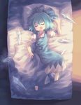  alternate_wings barefoot blue_hair cirno closed_eyes crystal from_above ice lying nose_bubble on_back open_mouth orita_enpitsu saliva sleeping solo touhou untied wings 