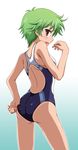  adjusting_clothes adjusting_swimsuit ass bad_id bad_pixiv_id baka_to_test_to_shoukanjuu blush brown_eyes competition_swimsuit fang green_hair highres kudou_aiko looking_back one-piece_swimsuit open_mouth shira-nyoro short_hair solo swimsuit 