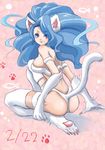  2go animal_ears ass big_hair blue_eyes blue_hair breasts cat_ears cat_tail claws felicia fish from_behind fur kneeling large_breasts long_hair looking_back paw_print paws solo tail vampire_(game) 