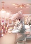  animal_ears bar cheese chin_rest clock commentary drink fan fang food gaoo_(frpjx283) glass grey_hair hakurei_reimu highres long_sleeves mouse_ears mouse_tail nazrin open_mouth photo_(object) red_eyes short_hair sitting skirt solo stool tail touhou yukkuri_shiteitte_ne 