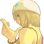  badge bare_shoulders blonde_hair blue_eyes bracelet button_badge character_request copyright_request foreshortening hands hat jewelry looking_back pointing profile short_hair shu-mai simple_background solo upper_body 
