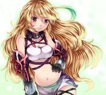  bare_shoulders blonde_hair blush breasts collarbone elbow_gloves gloves green_hair hand_on_hip long_hair looking_at_viewer medium_breasts milla_maxwell miniskirt multicolored_hair navel purple_eyes ruchiru skirt smile solo strapless streaked_hair tales_of_(series) tales_of_xillia tubetop two-tone_hair 