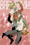  animal_ears barnaby_brooks_jr blonde_hair boots brown_eyes brown_hair bunny_tail cabbie_hat eyewear_removed facial_hair glasses green_eyes hat hat_removed headwear_removed holding holding_eyewear holding_hat jacket jumping kaburagi_t_kotetsu katou_(hyaena) male_focus multiple_boys necktie red_jacket stubble tail tiger_&amp;_bunny tiger_ears tiger_tail vest waistcoat 