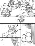  &gt;_&lt; 0_0 1boy 1girl :&lt; :x ? ahoge blush_stickers bow cirno closed_eyes comic futa_(nabezoko) glasses greyscale hair_bow heart ice ice_wings lightning_bolt monochrome morichika_rinnosuke short_hair silent_comic snow snowman spoken_object spoken_person squiggle tears touhou wings |_| 