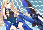  arm_behind_back armor bangs bare_shoulders blonde_hair blue_leotard blue_tears_(infinite_stratos) blush breasts cccpo cecilia_alcott covered_navel drill_hair gradient gradient_background gun hairband halterneck head_tilt holding holding_weapon honeycomb_(pattern) honeycomb_background huge_weapon infinite_stratos leotard light_smile long_hair looking_at_viewer mecha_musume medium_breasts pilot_suit purple_eyes quad_drills scope sidelocks smile solo thighhighs trigger_discipline turtleneck very_long_hair weapon zettai_ryouiki 