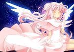  dress gloves grief_seed hair_ribbon kaname_madoka kenneos long_hair magical_girl mahou_shoujo_madoka_magica pink_hair ribbon sitting smile solo space star_(sky) two_side_up ultimate_madoka very_long_hair wings yellow_eyes 