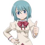  blue_eyes blue_hair hair_ornament hairclip hand_on_hip mahou_shoujo_madoka_magica miki_sayaka school_uniform short_hair smile solo takumi_(rozen_garten) thumbs_up 