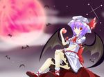  akisome_hatsuka apple ascot bat bat_wings dress food fruit full_moon hat holding holding_food holding_fruit moon night purple_hair red_eyes red_moon remilia_scarlet short_hair sitting smirk solo too_many too_many_bats touhou wings 