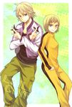  1girl bad_id bad_pixiv_id blonde_hair bodysuit bruce_lee's_jumpsuit green_eyes huang_baoling ivan_karelin jacket letterman_jacket orange_bodysuit purple_eyes purple_jacket serikawa_kuchiha short_hair shuriken tiger_&amp;_bunny 