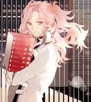  androgynous book bookshelf library long_hair male_focus mawaru_penguindrum pink_eyes pink_hair ponytail smile solo suou watase_sanetoshi 