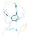  ahoge bra_strap drawn_wings flipped_hair halo headphones looking_at_viewer original portrait profile purple_eyes short_hair shu-mai sideways_glance simple_background solo white_background white_hair wings 