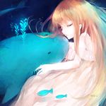  brown_hair closed_eyes dress fish highres hug long_hair moemoe3345 original plant shark solo 