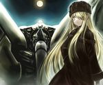  blonde_hair blue_eyes coat colored_eyelashes commentary_request full_moon fur_hat fur_trim hair_over_one_eye hand_in_pocket hat highres kotoba_noriaki long_hair long_sleeves mecha moon night original sleeves_past_wrists star_(sky) very_long_hair wide-eyed 