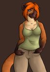  breasts brown_background clemikou clothing female green_eyes hair kinkajou looking_at_viewer orange_hair pants plain_background solo standing tail top 