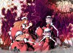  :p blonde_hair blue_hair braid breasts cosplay dress electricity fireball flandre_scarlet flandre_scarlet_(cosplay) four_of_a_kind_(touhou) full_moon gloves grin hat highres hong_meiling izayoi_sakuya knife long_hair medium_breasts meracle moon multiple_girls red_eyes red_hair remilia_scarlet ribbon siblings side_ponytail silver_hair sisters smile tongue tongue_out touhou twin_braids 