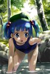  :o bent_over blue_eyes blue_hair blush dappled_sunlight forest hair_bobbles hair_ornament hat kannazuki_hato kawashiro_nitori nature one-piece_swimsuit rock school_swimsuit solo sunlight swimsuit thigh_gap touhou tree_shade two_side_up wading water 