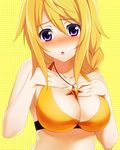  :o blonde_hair blush breast_suppress breasts charlotte_dunois cleavage collar infinite_stratos jewelry laco_soregashi large_breasts long_hair pendant purple_eyes ribbon solo swimsuit 