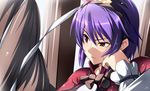  hand_on_own_cheek hand_on_own_face mirror ngirln4 onbashira purple_hair red_eyes rope shimenawa short_hair solo touhou yasaka_kanako 