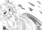  ascot bare_shoulders bespectacled blush bow dress fang glasses greyscale hair_bow looking_up monochrome ogami_kazuki open_mouth perspective rumia short_hair solo touhou translated 