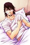  bandages brown_eyes brown_hair facial_hair fukunoya highres kaburagi_t_kotetsu male_focus pillow solo spoilers stubble tiger_&amp;_bunny 