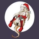  bangaa blue_eyes boots breasts camel_toe christmas christmas_hat cleavage clothed clothing female final_fantasy hair hat holidays legwear looking_at_viewer lying nu_mou on_back pregnant sitting solo stockings video_games white_hair 