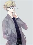  alternate_hairstyle bad_id bad_pixiv_id barnaby_brooks_jr blonde_hair blue_eyes coat finger_to_mouth glasses male_focus ponytail shushing solo tiger_&amp;_bunny yos_(artist) 