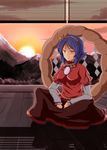  blinds blue_hair breasts dress frown hair_ornament highres large_breasts leaf mirror mountain nogisaka_kushio orange_eyes rope shadow shide shimenawa shirt sitting solo sun sunset taut_clothes taut_shirt touhou yasaka_kanako 