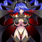  blue_hair breast_hold breasts cleavage crossed_arms demon_girl drill_hair fang highres huge_breasts long_hair original pointy_ears red_eyes solo thighhighs tro underboob wings 