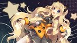  \m/ arms_up blonde_hair blue_eyes dutch_angle long_hair mauve open_mouth seeu smile solo thighhighs very_long_hair vocaloid zettai_ryouiki 