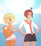  1girl adapted_costume ahoge bare_shoulders bel_(pokemon) black_eyes blonde_hair breasts brown_hair cheren_(pokemon) cleavage glasses hands_on_hips hat looking_away medium_breasts naso4 one_eye_closed orange_legwear pokemon pokemon_(game) pokemon_bw shorts sky smile standing thighhighs yellow_eyes 