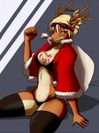  anthro bag blonde_hair breasts cervine christmas cleavage clothed clothing english_text eyewear female goggles hair holidays horn legwear mammal panties plain_background reindeer simple_background solo stockings text underwear 