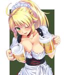  ahoge alcohol barmaid beer blonde_hair blush breast_press breasts cleavage collarbone dirndl german_clothes green_eyes headdress hoshii_miki idolmaster idolmaster_(classic) large_breasts long_hair looking_at_viewer maru_(sara_duke) oktoberfest one_eye_closed ponytail solo sweat underbust waitress 