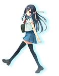  bag black_hair black_legwear blush hair_ribbon highres ichiwa_sane loafers long_hair looking_at_viewer original pleated_skirt red_eyes ribbon school_bag school_uniform shoes skirt solo thighhighs walking zettai_ryouiki 