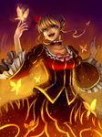  beatrice blonde_hair blue_eyes bow breasts bug butterfly choker dress embers fire flower hair_flower hair_ornament highres insect medium_breasts nora_(le-chat-noir) open_mouth pink_bow rose solo umineko_no_naku_koro_ni 