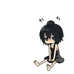  :&lt; barefoot between_legs black_hair blue_eyes chibi full_body hand_between_legs on_head original short_hair shu-mai simple_background sitting solo yami_shoujo 