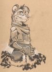  2015 anthro biped clothed clothing eyebrows feline fully_clothed fur hair leopard looking_at_viewer mad_max male mammal mars_(thequeenofmars) mittymandi simple_background snow_leopard solo spots spotted_fur standing traditional_media_(artwork) whiskers 