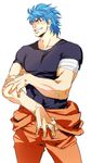  abs bandages blue_hair fangs grin male_focus muscle scar shirt simple_background smile solo t-shirt toriko toriko_(series) white_background 