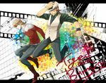  aqua_eyes barnaby_brooks_jr belt blonde_hair bluespeaker boots brown_eyes brown_hair cabbie_hat facial_hair film_strip glasses hat jacket jewelry jumping kaburagi_t_kotetsu letterboxed male_focus multiple_boys necklace necktie red_jacket stubble studded_belt tiger_&amp;_bunny vest waistcoat 