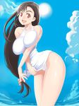  bare_shoulders black_hair bottomless bow bow_tie bowtie cloud clouds female final_fantasy final_fantasy_vii hayakawa_sonchou highres long_hair no_pants open_mouth panties pantyshot pink_ribbon red_eyes ribbon shirt sky solo sonchou7 sun tifa_lockhart underwear very_long_hair white_panties white_shirt 