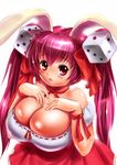  animal_ears bare_shoulders blush bow breast_suppress breasts bunny_ears bursting_breasts cleavage di_gi_charat dice dice_hair_ornament dress hair_bow hair_ornament hair_ribbon hands_on_own_chest highres huge_breasts long_hair moriichi open_mouth pink_hair red_eyes ribbon shiny shiny_skin skindentation solo twintails usada_hikaru 