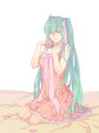  aqua_eyes aqua_hair bad_id bad_pixiv_id bare_shoulders dress flower hair_ribbon hatsune_miku highres kneeling long_hair ncww_rinichi pale_color petals pink_flower pink_rose ribbon rose solo very_long_hair vocaloid 