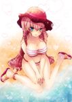  anklet bare_legs beach bikini blue_eyes blush breasts cleavage collarbone hat heart heart_background jewelry large_breasts long_hair looking_at_viewer looking_up megurine_luka nail_polish pink_eyes ruchiru sandals sitting solo striped striped_bikini swimsuit very_long_hair vocaloid wariza water 