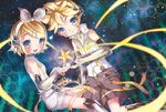  1girl blonde_hair blush bow brother_and_sister hair_bow headphones kagamine_len kagamine_rin siblings star tottsuan twins vocaloid vocaloid_append 