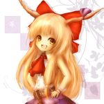  amanojaku bad_id bad_pixiv_id blush bow chain checkered checkered_background fang hair_bow highres horn_ribbon horns ibuki_suika long_hair open_mouth orange_hair ribbon skirt sleeveless solo touhou wrist_cuffs yellow_eyes 