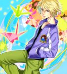  bad_id bad_pixiv_id blonde_hair hands_in_pockets ivan_karelin jacket letterman_jacket male_focus okeya_(ol23) origami paper_crane purple_eyes purple_jacket solo tiger_&amp;_bunny 