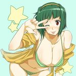  :p bikini green_hair hairband idolmaster idolmaster_(classic) moketa mole mole_under_mouth one_eye_closed otonashi_kotori short_hair solo swimsuit tongue tongue_out v yellow_hairband 