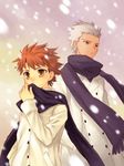  archer bad_id bad_pixiv_id coat covering_mouth dark_skin dark_skinned_male emiya_shirou fate/stay_night fate_(series) grey_eyes kotarou_(raincoat) male_focus multiple_boys scarf snowing white_hair winter_clothes yellow_eyes 